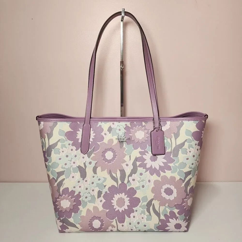 NWT COACH CBG78 City Tote Bag With Floral Print Ivory/Purple Multi
